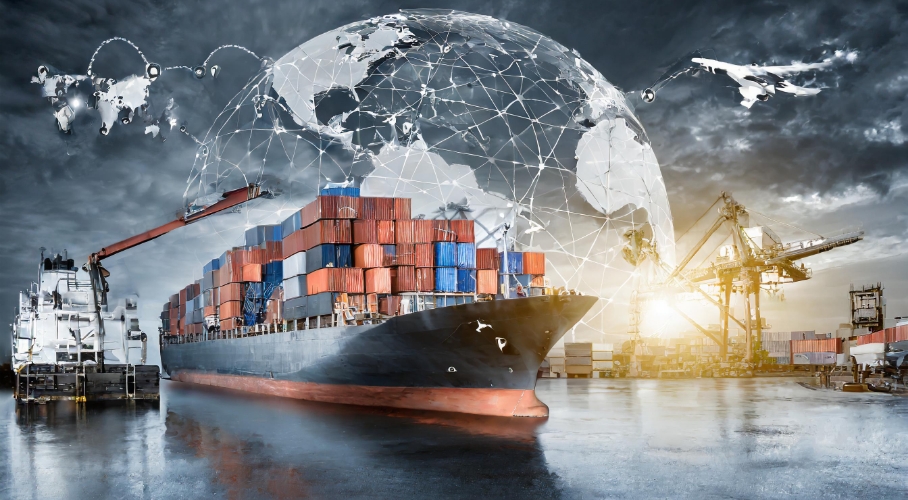 Image of a ship loading a container against the backdrop of a globe
